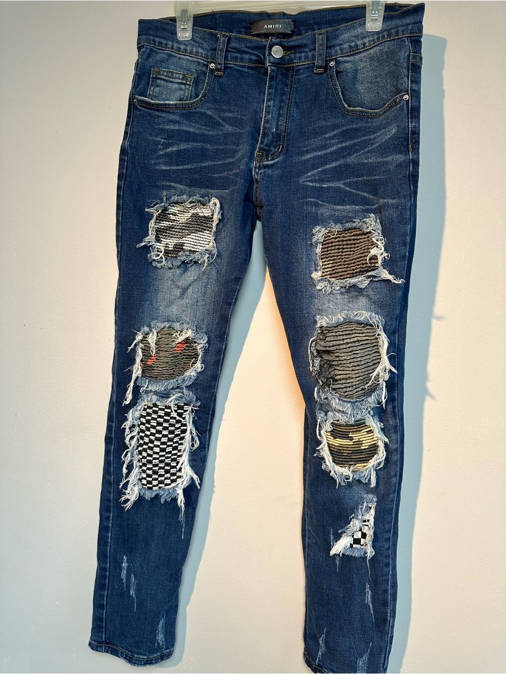 AMIRI Dark Blue Distressed Ripped Slim Straight Jeans with Patchwork